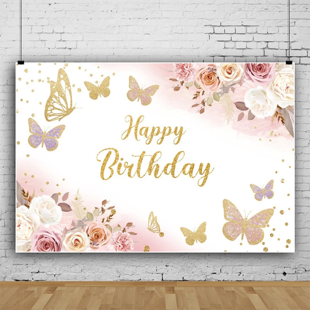 

Princess Birthday Decortation Background Photography Colorful Flowers Golden Butterfly Girls Baby Portrait Customizable Backdrop