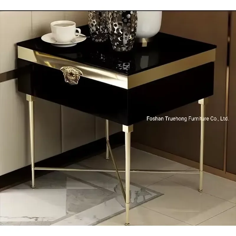 Italian 1 Drawers Side Table Hotel Villa Bedroom Living Room Gold Stainless Steel Black Glossy End Table