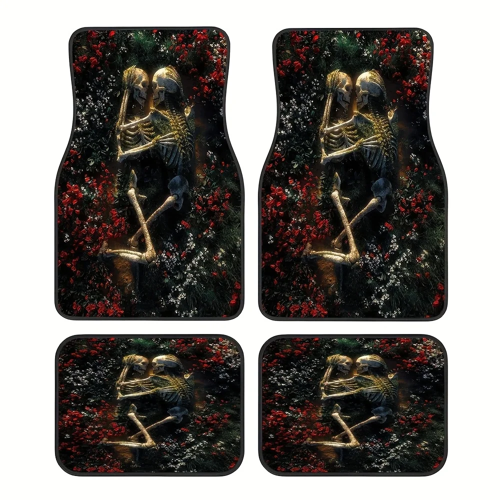 4pcs Romantic Fantasy Skull-pattern Car Rubber Mat Set, Universal Non-slip Floor Mat Set, Suitable for Front and Rear