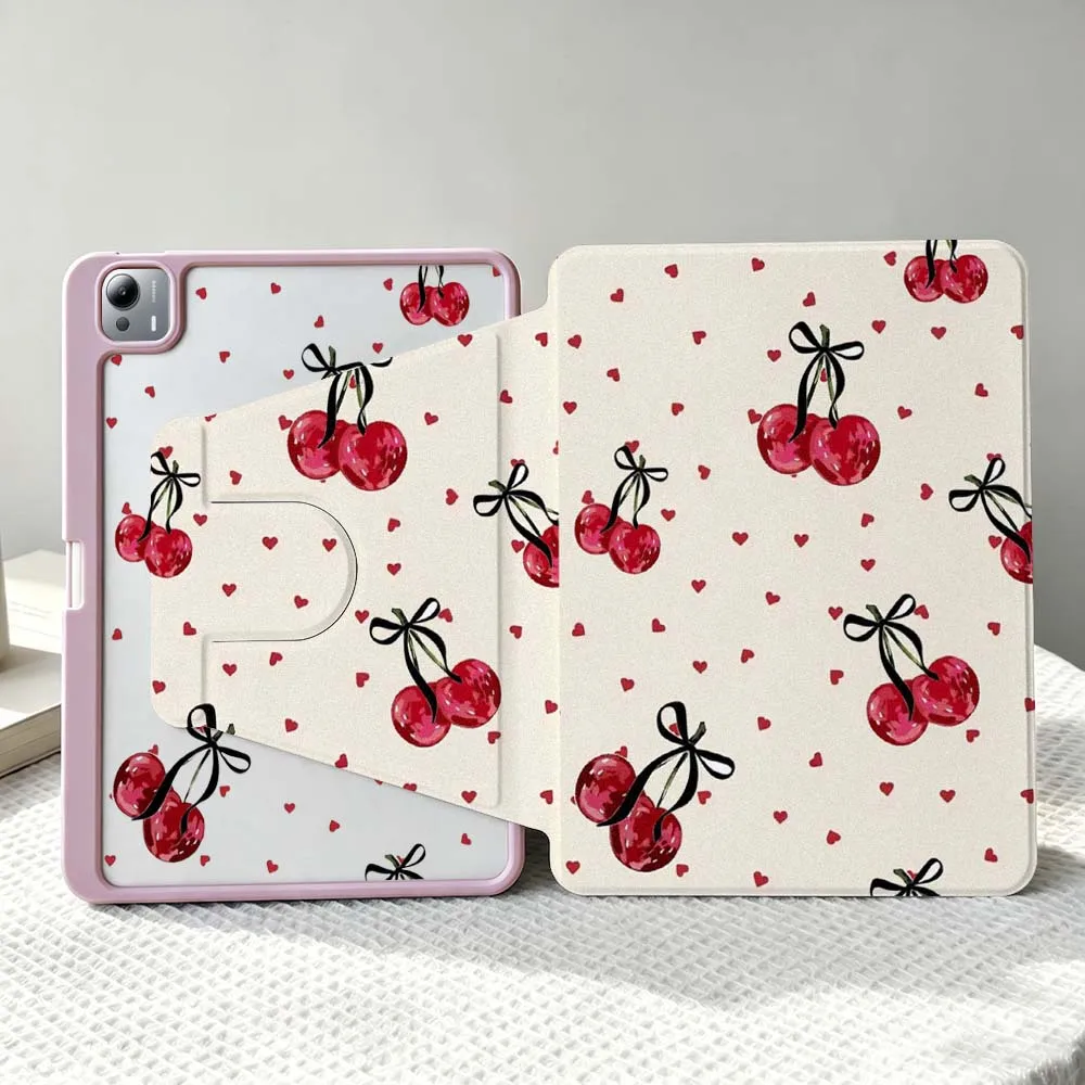 Stylish Heart-Shaped Cherries For Xiaomi Mi Redmi Poco Pad 8 7 7S 6 6S 5 SE Pro Ultra 360° Rotation Stylus Storage Tablet Case