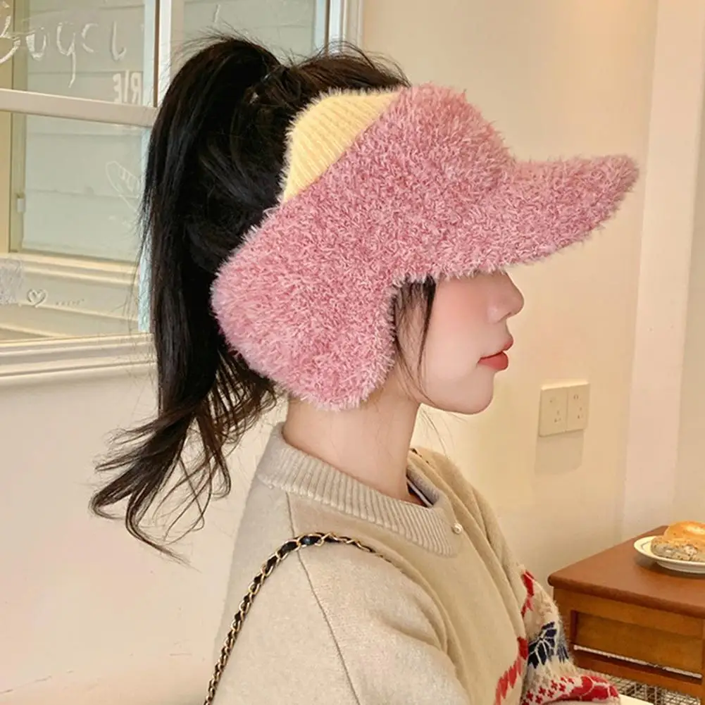 Fuzzy Brimmed Hat for Women Winter Visor Cap with Ear Flaps Plush Hat with Brim Open Top Ponytail Winter Hat for Women for Girls