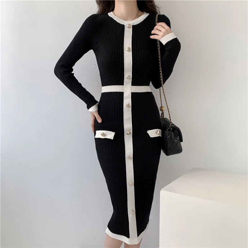 New 2024 Autumn Winter Sweater Dress Women Long Sleeve Slim Knitted Dresses Black Color Midi Dress Patchwork Color Elegant Dress