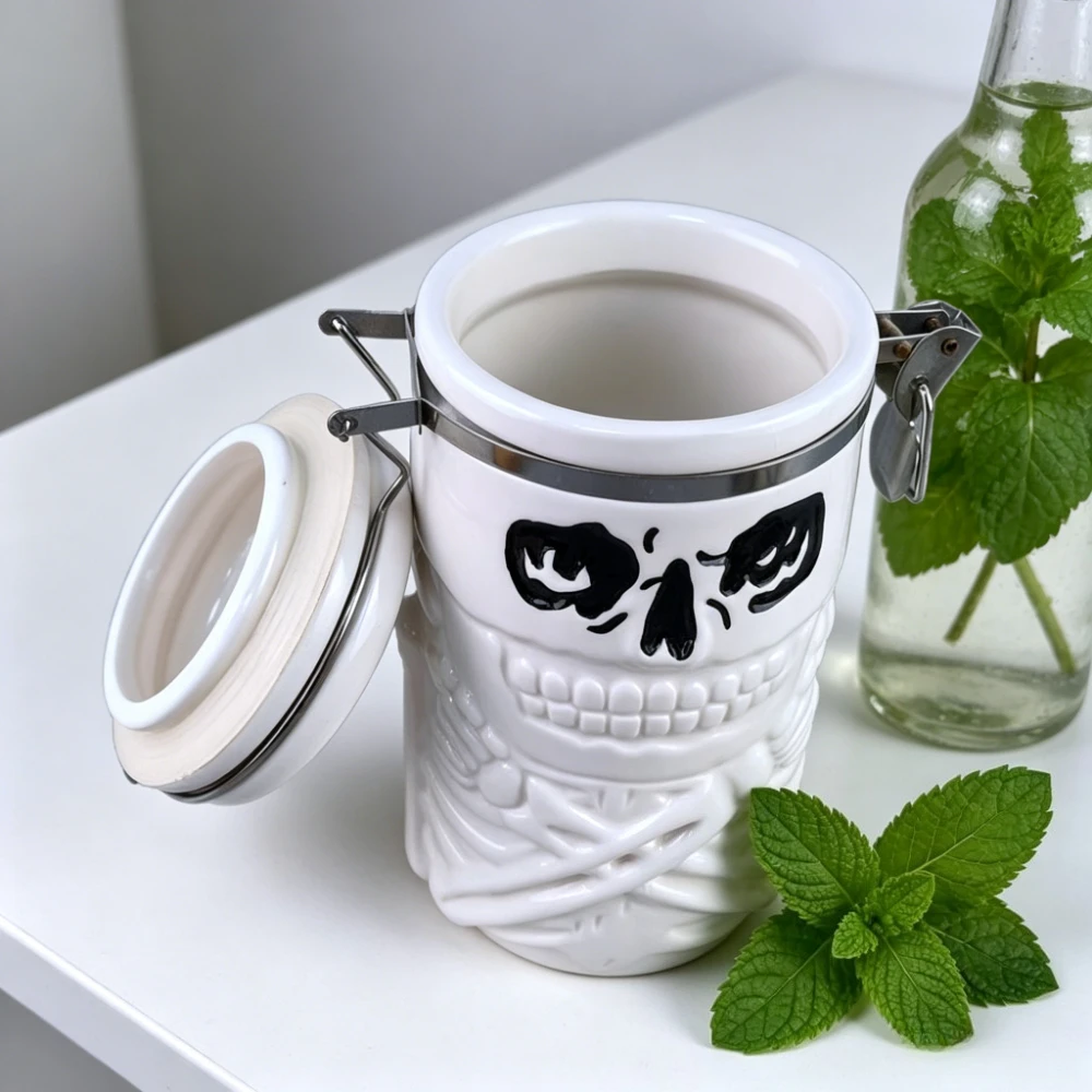 Gothic Skull Ceramic Jar with Lid, Handmade 3D Large Black Storage Container for Halloween Candy Cookies & Home Decor Party Gift