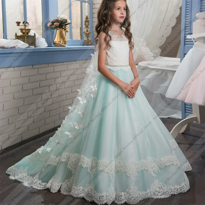 Angel Novias Langes Ballkleid Aqua Blumenmädchenkleid mit Applikationen Elegantes Geburtstagsparty-Kleid für Kinder Maßanfertigung