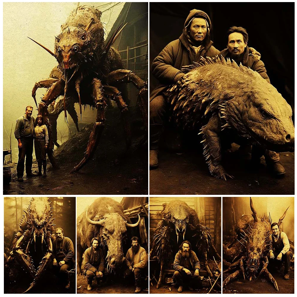 Giant Monster Animals And Hunters Vintage Photograhpy Art Poster And Print Scary Monster Pet Wall Art Canvas Painting Home Decor