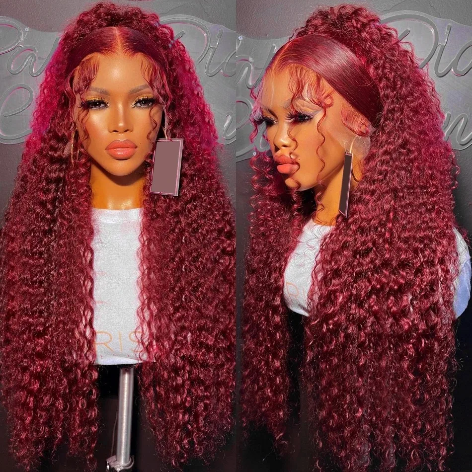 99j Burgundy Deep Wave Lace Frontal Wig 13x6 Hd Transparent Curly Lace Front Wigs For Women Colored Water Wave Human Hair Wigs