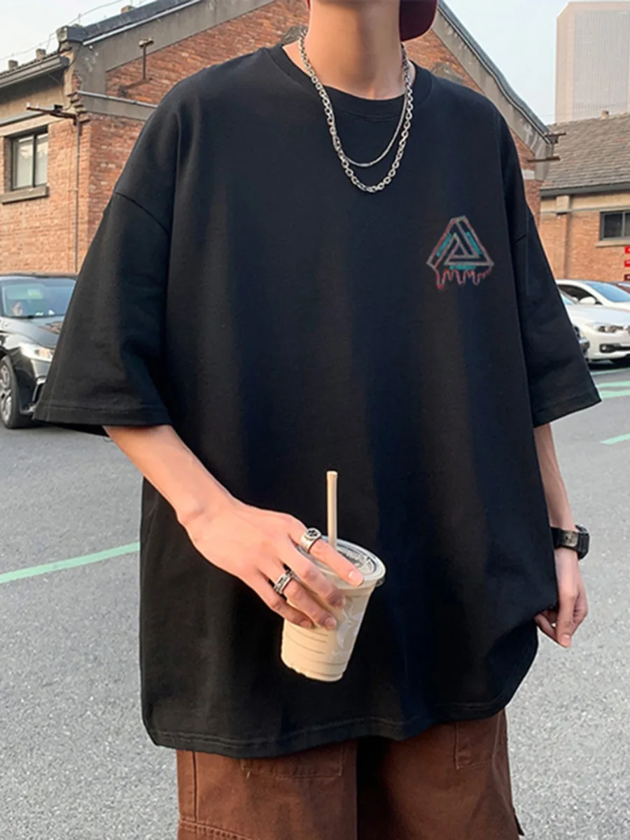 

Motorcycle Pure Cotton Threaded Small Neckline Short Sleeve Men's Summer Trendy Couple Style Three-Quarter Sleeves