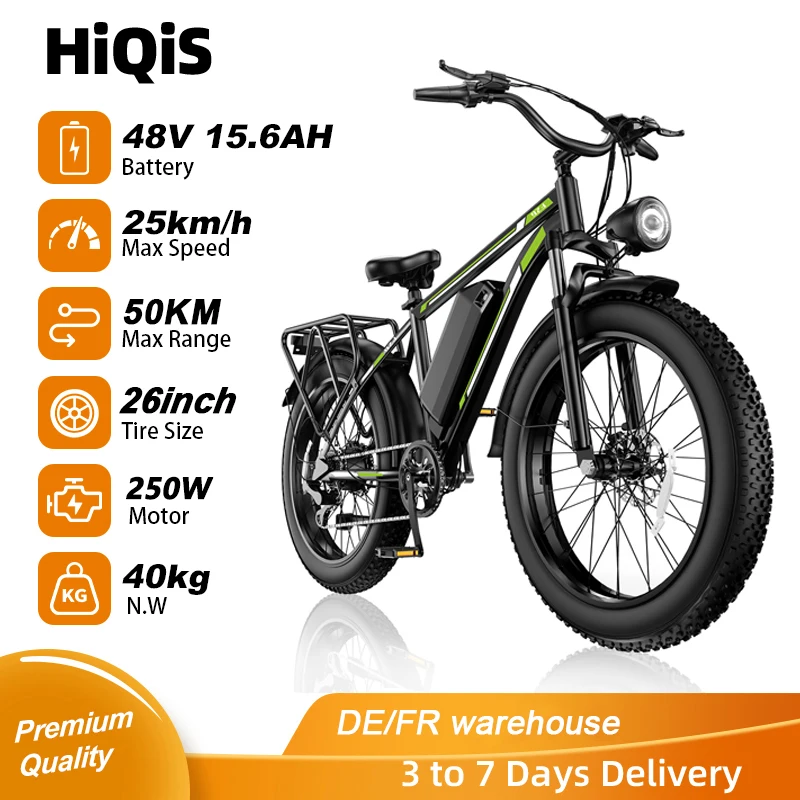 Vélo électrique HiQiS F26 Batterie haute capacité 48V 15.6AH Jusqu'à 50 km d'autonomie Moteur unique Vitesse 25 km/h Pneus larges de 26 pouces Tout-terrain Support arrière disponible 3 modes de conduite disponibles Dérailleur 7 vitesses Aspect exceptionnel Vélo électrique haute performance