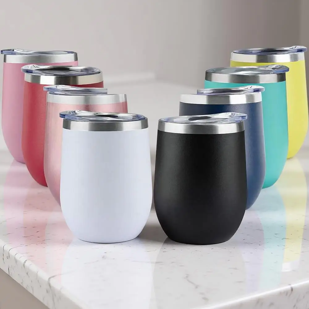 

8-Pack 12 OZ Stainless Steel Wine Tumbler With Lid - Double Wall Vacuum Insulated Travel Cup for Coffee, Cocktails, Ice Cream (C