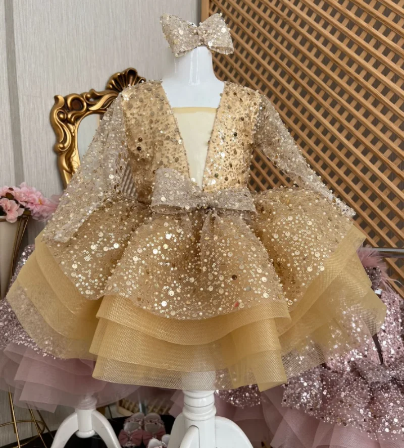 Silver Sequined Baby Girl Dress Princess Puffy Tulle Dress Toddler First Birthday Party Gowns Photoshoot Baby Tutu Outfit