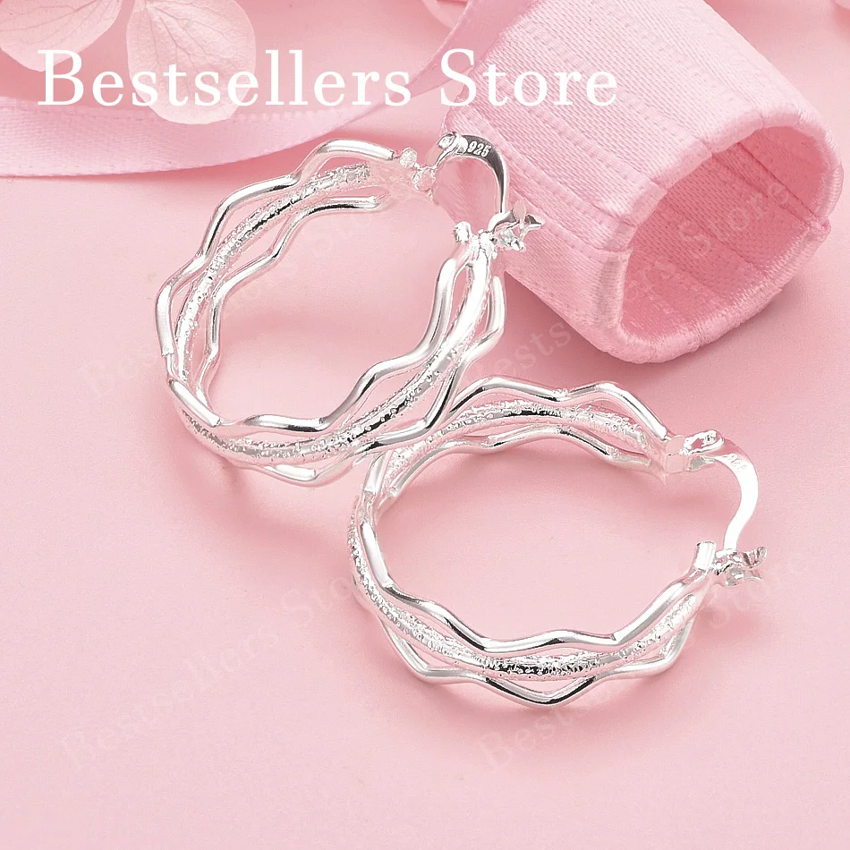 Charm 925 Sterling Silver 27mm Exquisite Triple Layer Wave Hollow Earrings Women Fashion Gift Accessories Party Jewelry