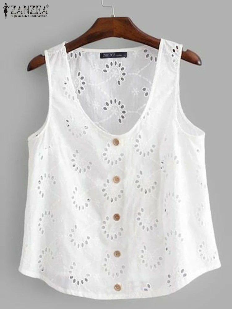 Sexy Sleeveless Hollow Out Camis ZANZEA Women Summer Tank Tops Casual Crochet Lace Blouse Holiday 2024 U-neck Buttons Tunics