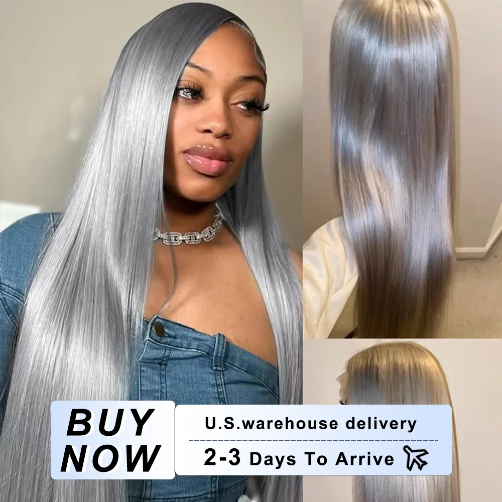 

300% Silver Grey Straight 13x6 HD Transparent Lace Front Wig Human Hair Pre Plucked Lace Frontal Wigs 30 40Inch Human Hair Wig