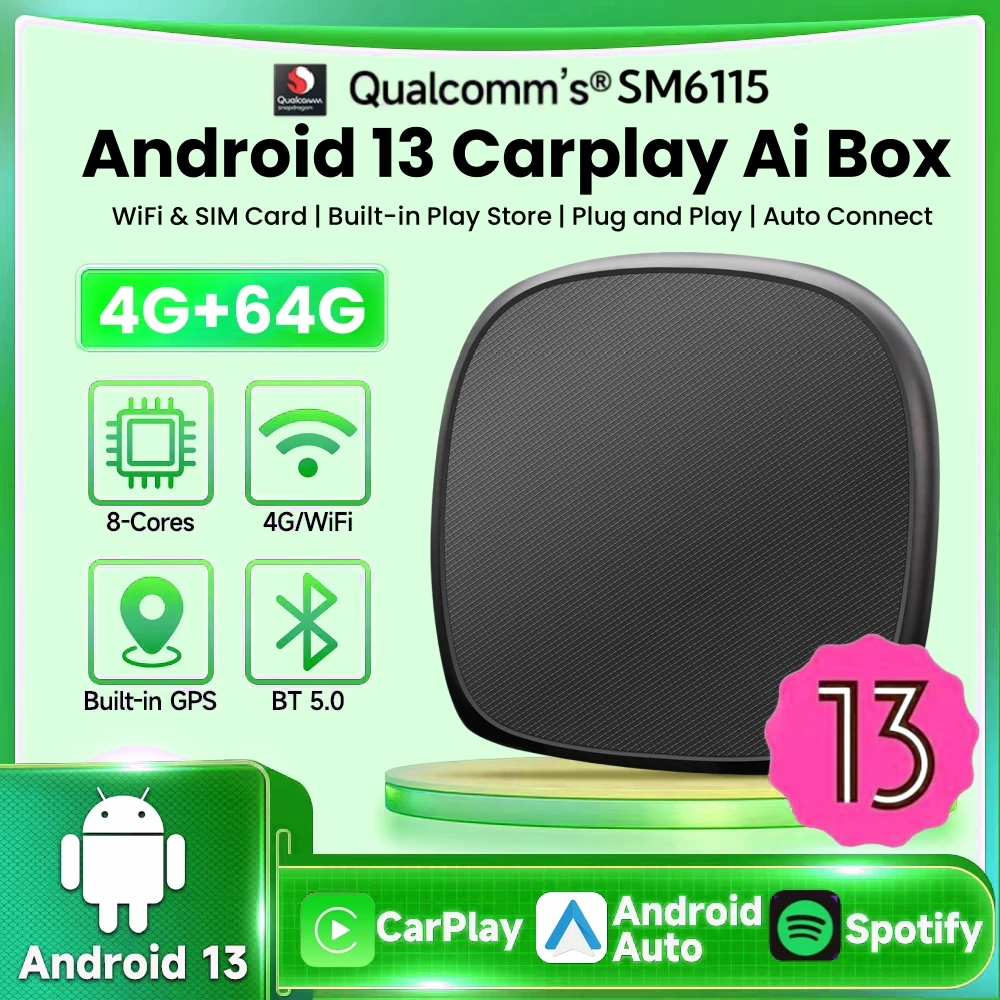 CarPlay sans fil Ai Box, Android 13 Plus, 4G LTE, Apple Car Play Streaming Box pour VW, Audi, Kia, Benz MG, Toyota, QCM6115