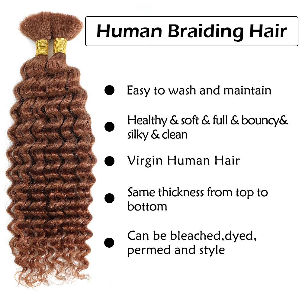Human Braiding Hair 18Inch 100g Brown Deep Wave Bulk Human Hair for Braiding No Weft Curly Bundles Human Hair Extensions Color30