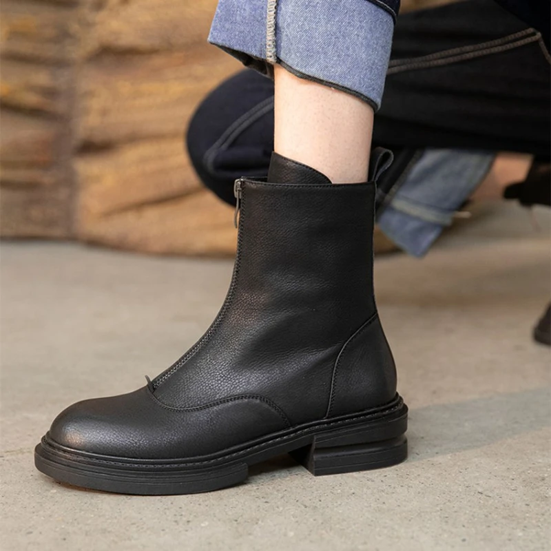 New Winter Shoes Women Round Toe Thick Heel Women Shoes Split Leather Boots 2021 Women Zipper Short Boots Womens Designer Boots