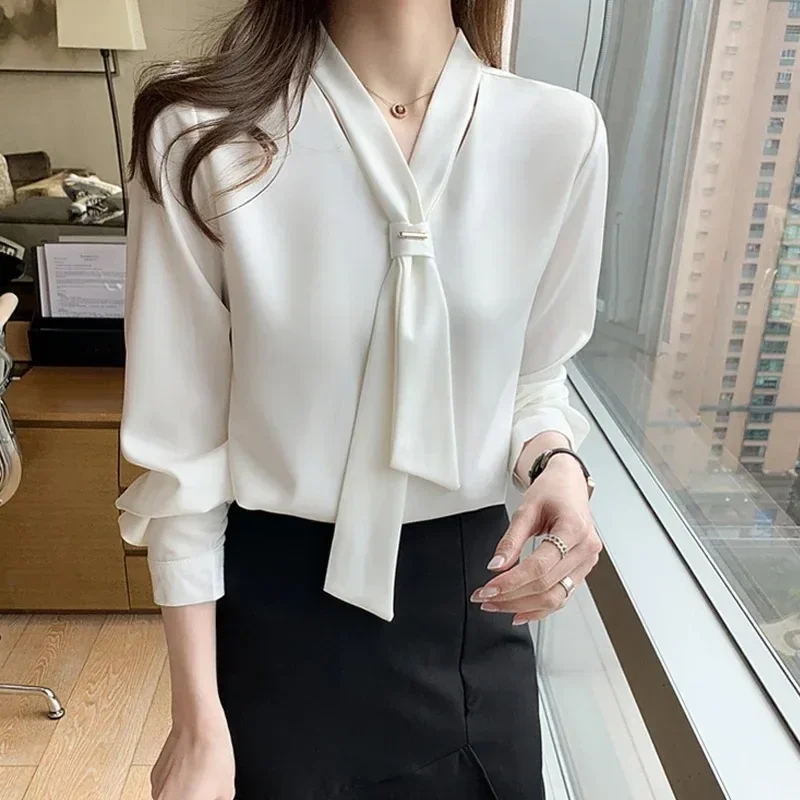 Office Lady Chiffon Blouse And Tops Fashion Women Long Sleeve White Shirts Women With Tie V Neck Loose Shirt Female Clothing New