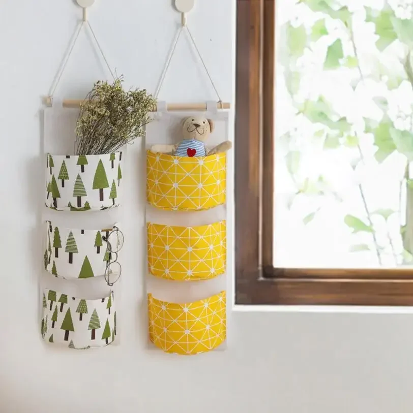 3 Pockets Cotton Linen Wall Hanging  Organizer Storage Bags Door Pouch Bedroom Home Storage Pocket Home Decor Hanging Bag