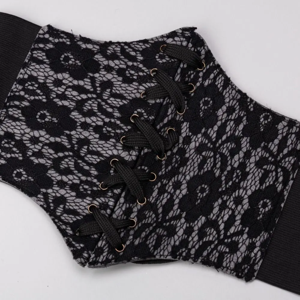 Fascia da smoking in pizzo regolabile gotico Cintura a corsetto in pelle tinta unita Cintura a fiori Corsetto a vita larga da donna