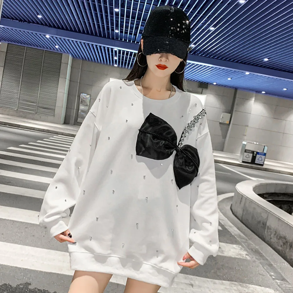 Fashion Diamond O-neck Women Sweatshirts Casual Loose Heavy Industry 4XL Long Sleeve Big Bow Sweatshirt Oversize Female Tops Y2k