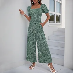 Elastic Waist Jumpsuit Stylish Women's Floral Print Jumpsuits V-neck Romper Elastic High Waist Wide-leg Pants for Summer Beach