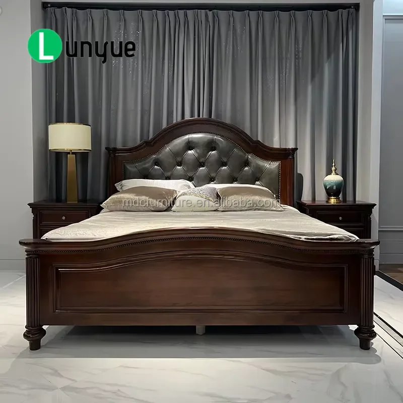 Classic American Design Solid Cherry Wood Double Bed with Soft Cowhide Headboard High Quality Bedroom Furniture Durable