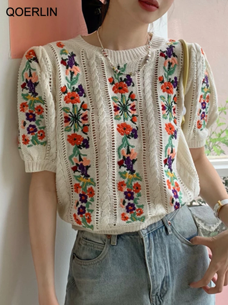 

QOERLIN Embroidered Floral Pullovers Women O-Neck Short Sleeve Loose Summer Elegant Knitwear 2023 New Vintage Hollow Out Soft