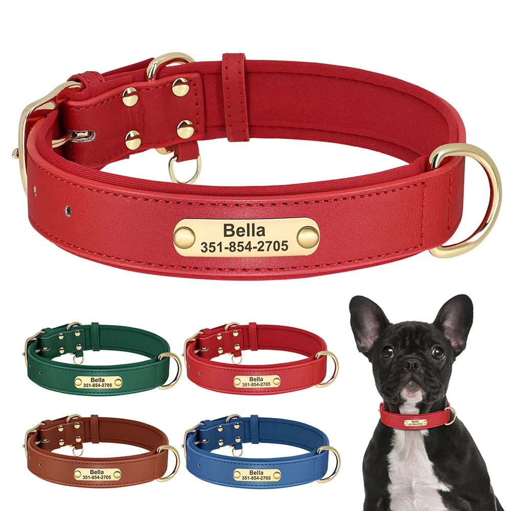 Personalized PU Leather Dog Collar Soft Padded Dog Collars Free Engraved Pet ID Necklace For Small Medium Dogs Pitbull Bulldog