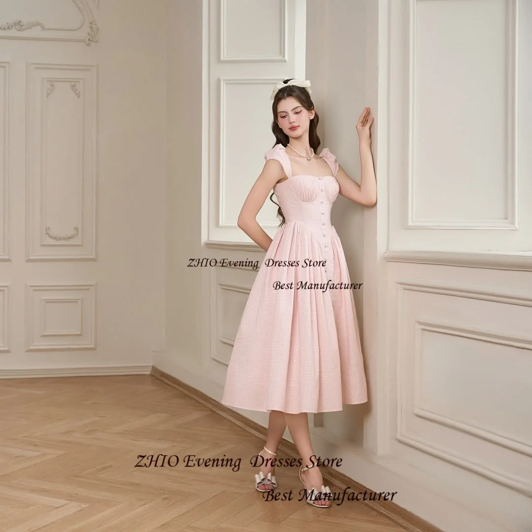 ZHIO Pastrol Pink Check Chiffon Tea-Length Evening Gown Dress Square Collar Sleeveless Formal Prom Gowns Customized with Pleat