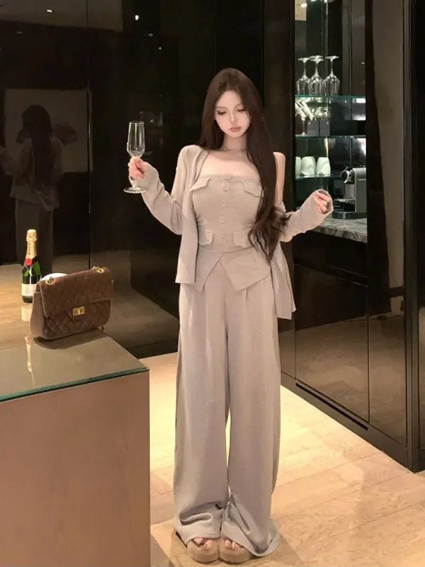 

Korean Style Casual Open Cardigan Tube Top Wide Leg Pants Three Piece Set Elegant Ootd Spring Outfit Comfortable Long Sleeve