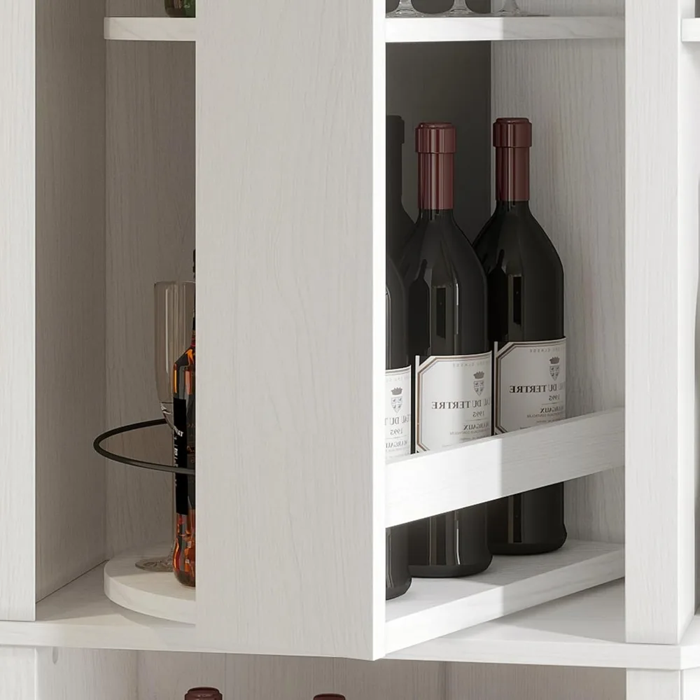 VOWNER Corner Wine Cabinet with Rotating Glass Wine Rack, Farmhouse Bar Storage Cabinet with Cup Holders, Home Bar Cabinet for