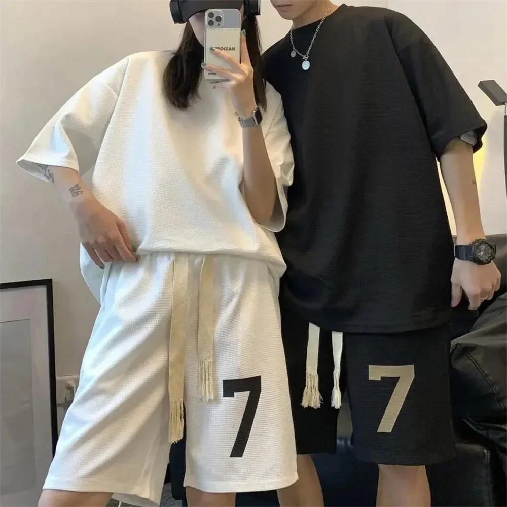 Oversized Summer Print Waffle Men Set Couple Outfit College Casual Women Short Sleeve Student Shorts Sport Tracksuit 2 Piece Set