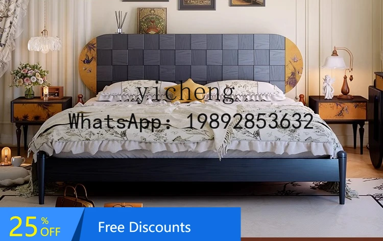 

AA retro black full solid wood bed small apartment master bedroom simple medium