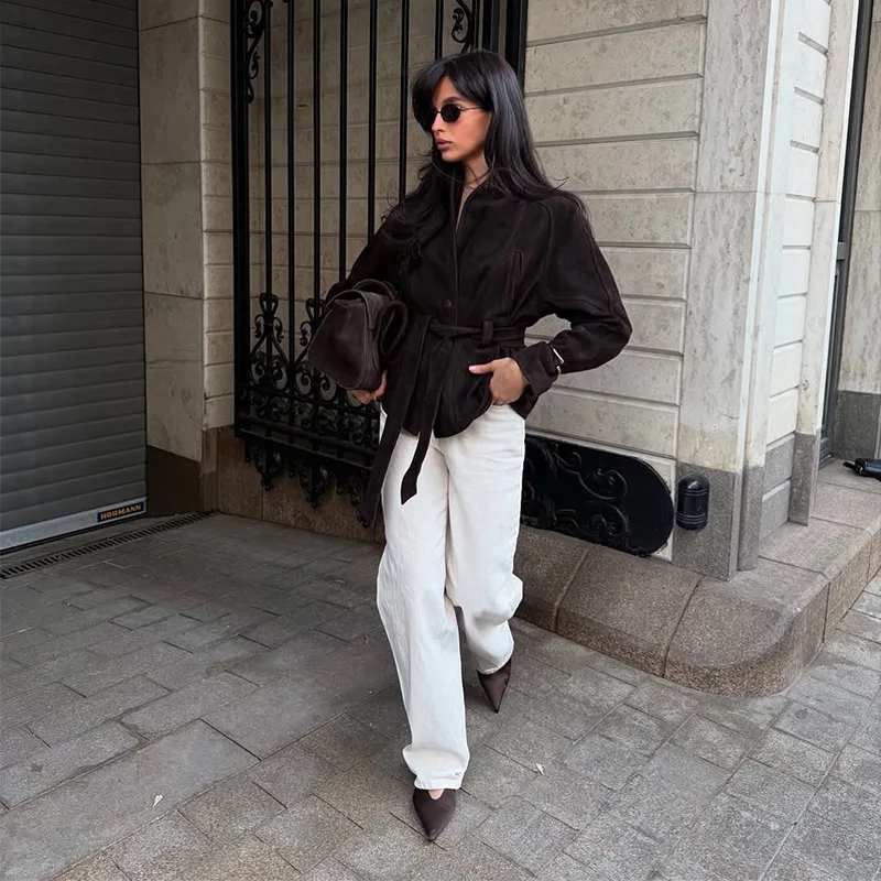 2025 가을 여성용 신상 트렌디 플립 칼라 허리 스트랩 코트