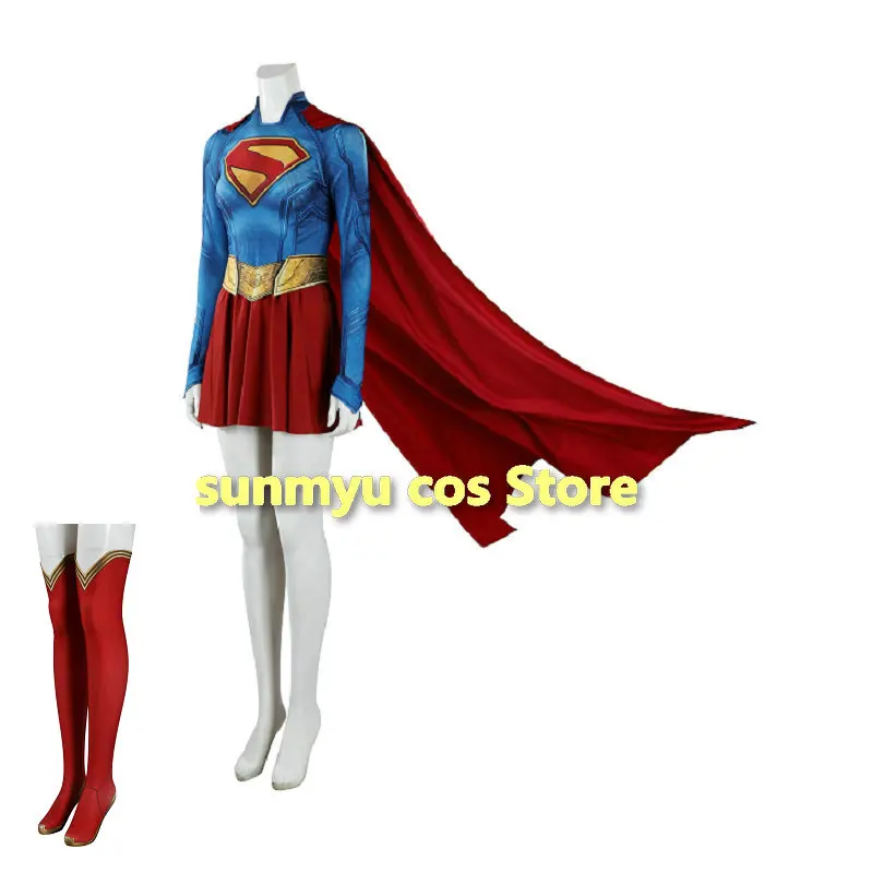 Super Girl Cosplay-Kostüme, Spandex-Kleid, Strümpfe mit Umhang