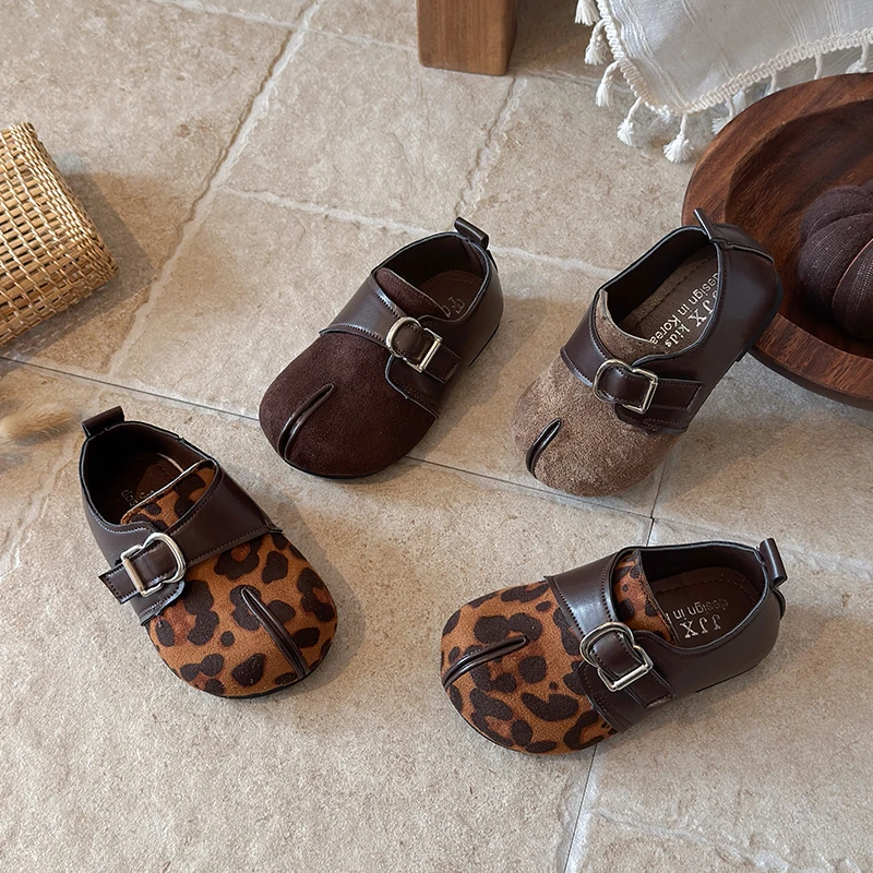 New Children's Retro Flats Spring Autumn Leopard Fashion Kids Girls Leather Shoes Outdoor School Non-slip Toddler Casual Shoes