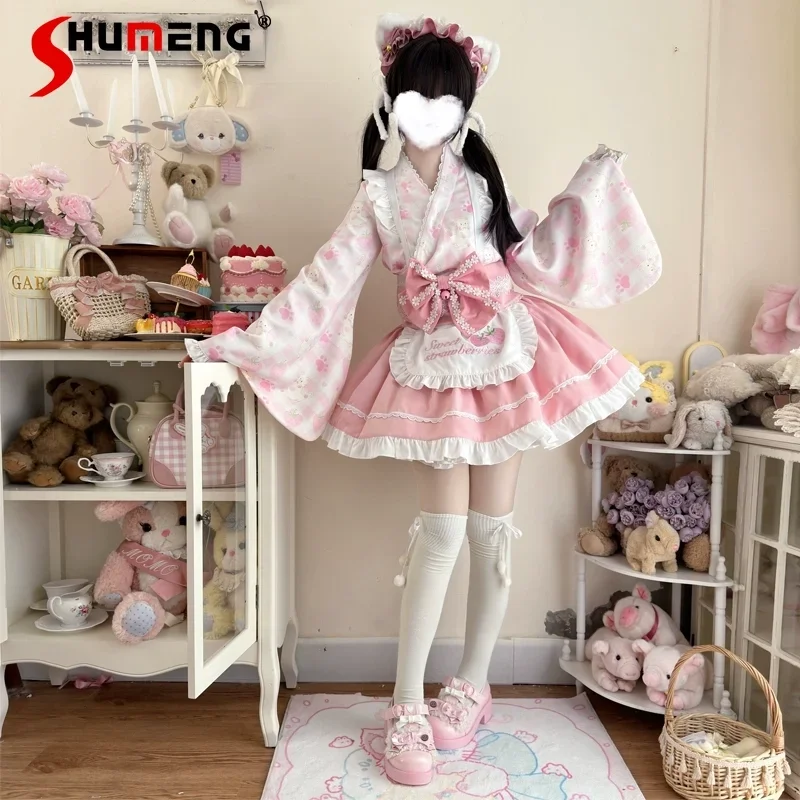 Original Design Pink Lolita Maid Costume Women's Big Bow High Waist Slim Fit Kawaii Sweet Girls Long Sleeve Dress Set Autumn