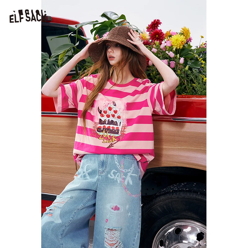 

ELFSACK Women's Striped Cake Graphic Oversized T-Shirt, Cute Cherry Print Casual Tee, Y2K Aesthetic Short Sleeve Summer Top
