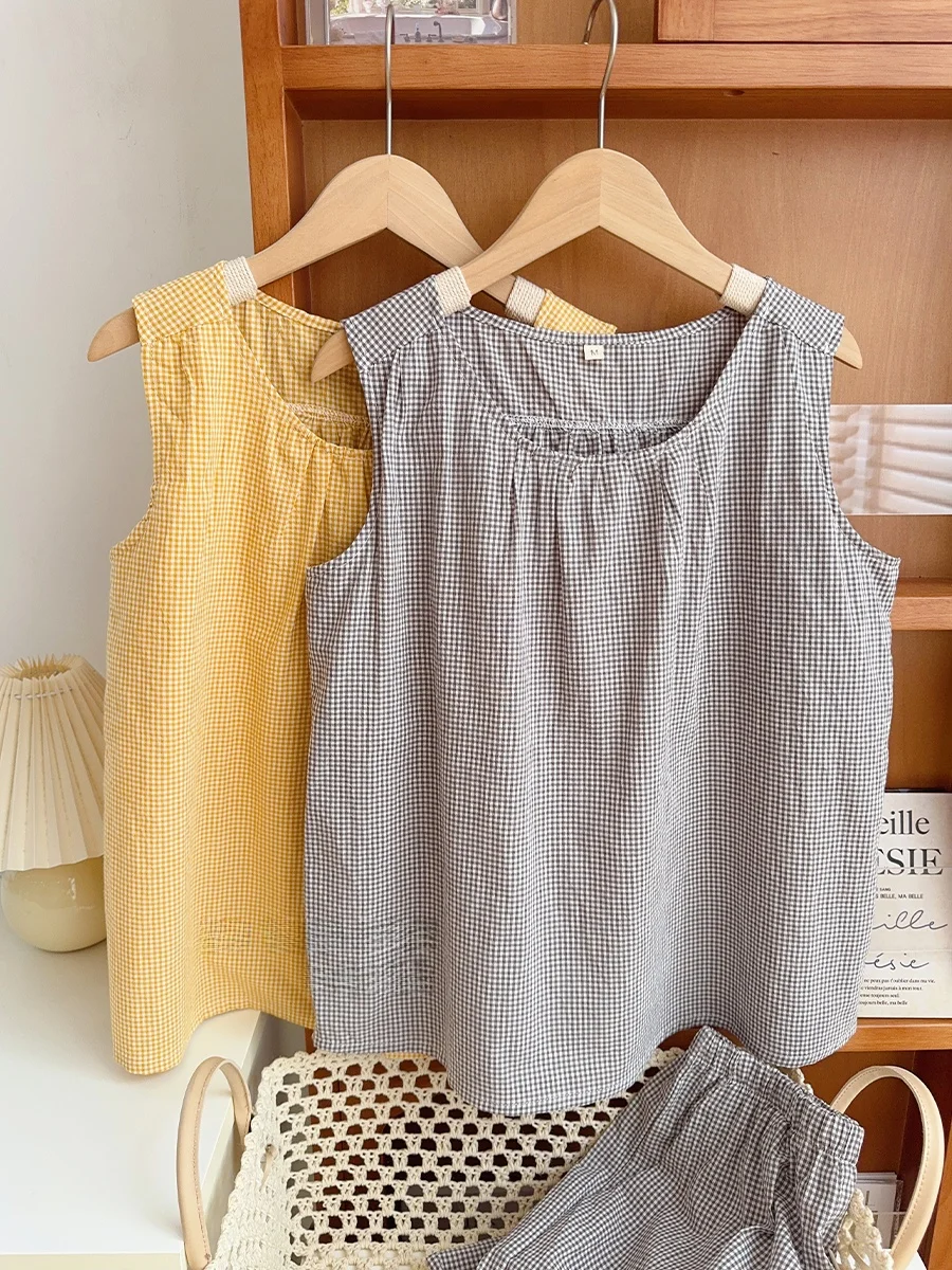 

Fre Japanese Sle Pure Cotton Plaid Waed Spwear Women's Summer Svel Vest orts Home Clothes Set Casual round Ne