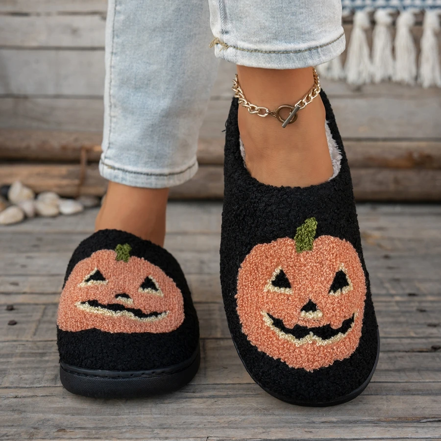 Cute Spooky Halloween Pumpkin Women Slippers Cozy Fuzzy Slip-On Warm Non-Slip Couple House Shoes Party Daily Wear