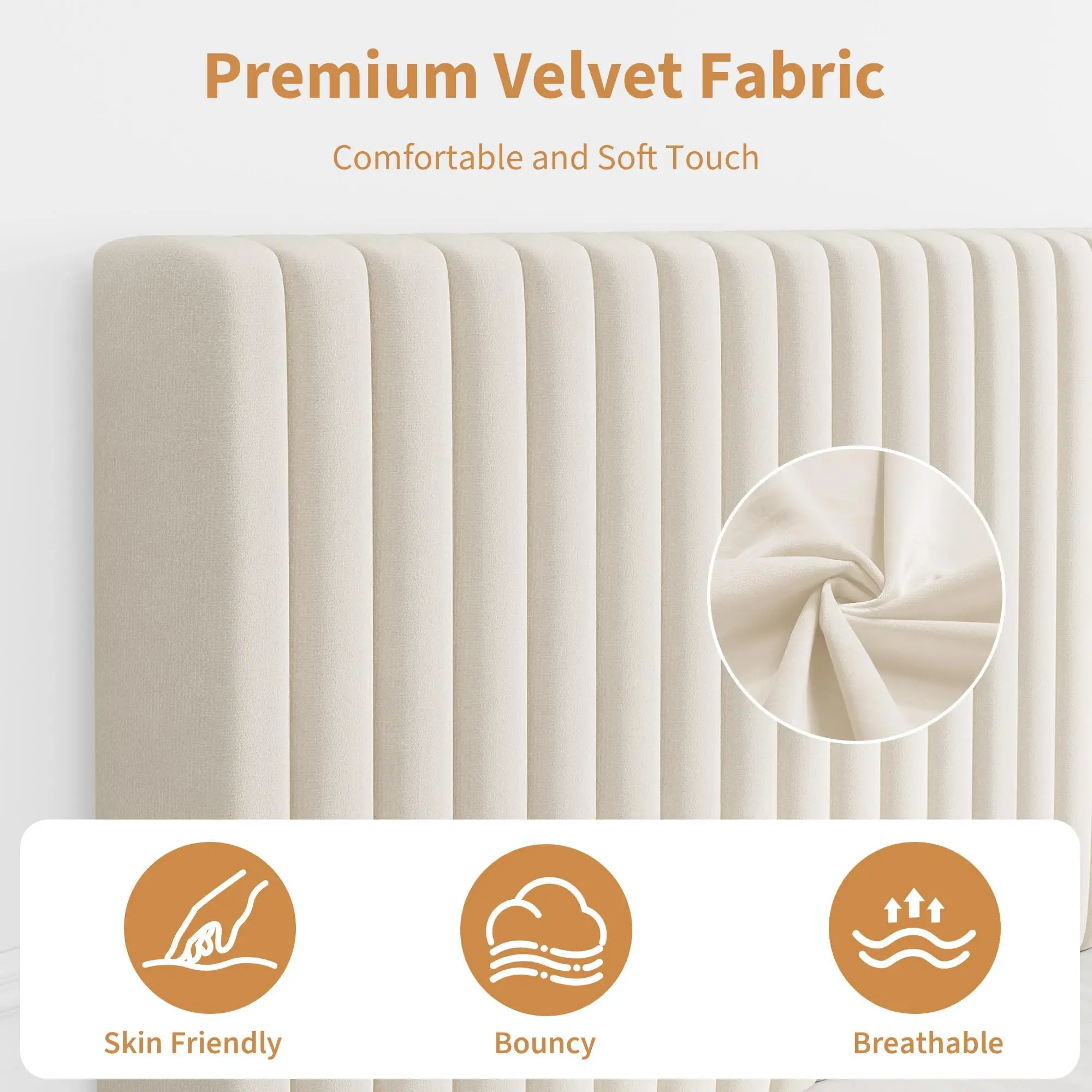 Twin Full Queen King Velvet Upholstered Bed Frame, Adjustable Channel Tufted Headboard, Wood Slats, 800lb Platform, No Box Spring view 5