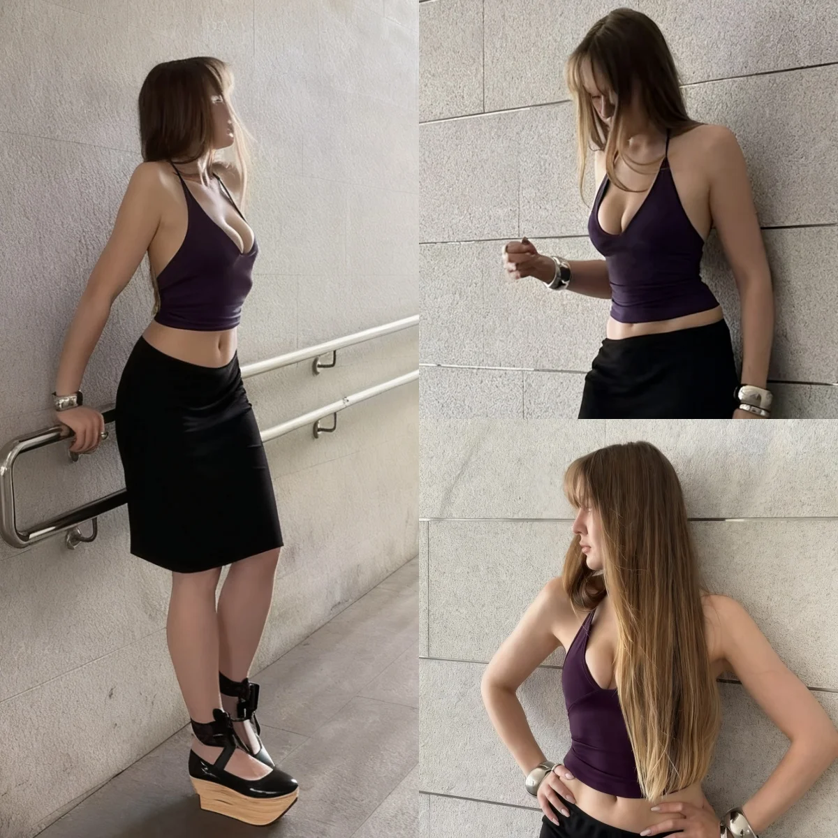 

Майка Темно-фиолетовая облегающая майка Сексуальная майка с низким V-образным вырезом Короткая спортивная майка с открытыми плечами и лямкой на шее