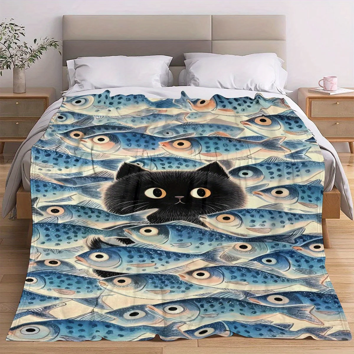 Manta de franela con estampado de gato negro y pez azul, suave y acogedora para todas las estaciones, para sofá