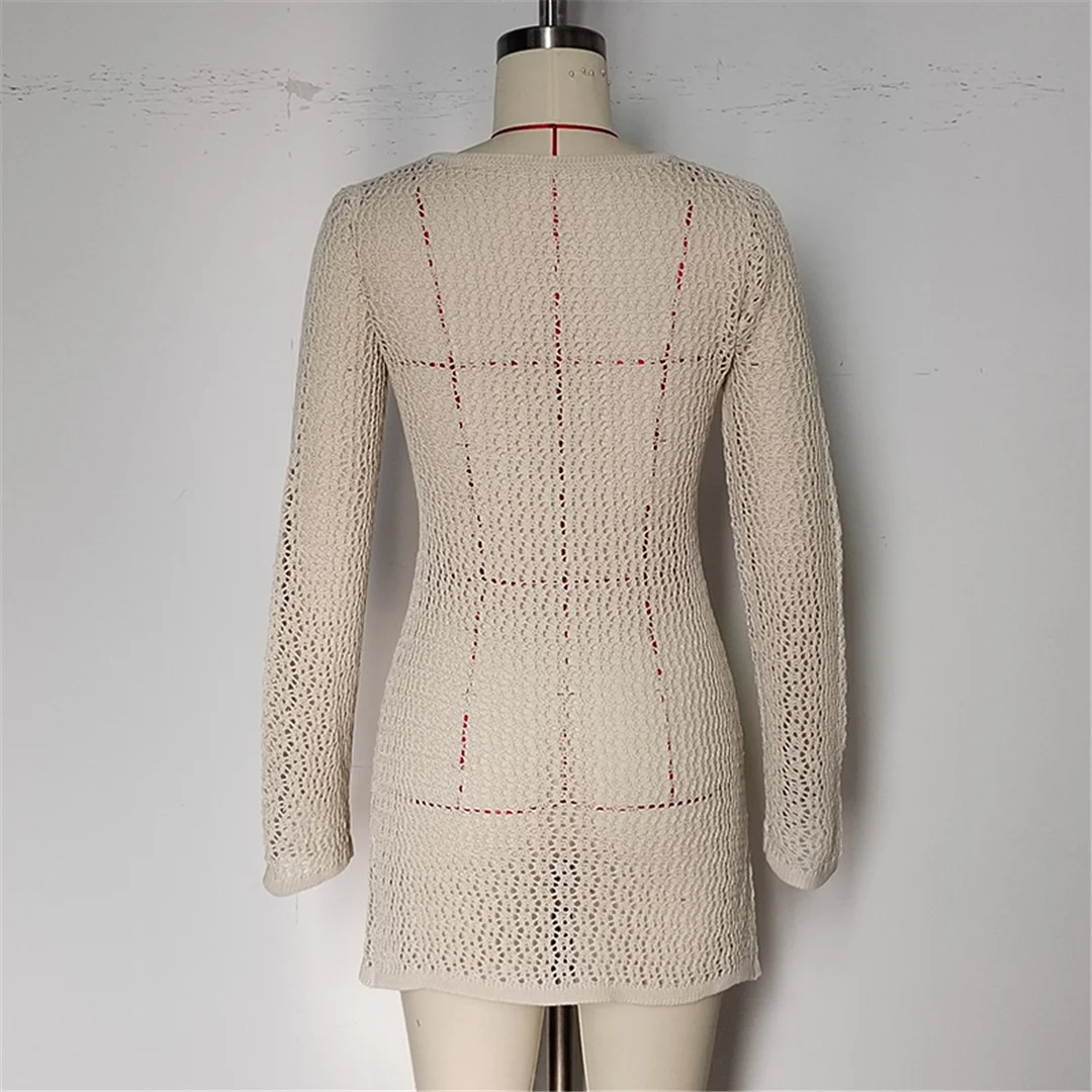 Langärmliges, ausgeschnittenes, gehäkeltes, gestricktes Tunika-Strandkleid, Strandkleidung, Strandbekleidung, Strand-Cover-up, Damen, V6552 – Detail 15