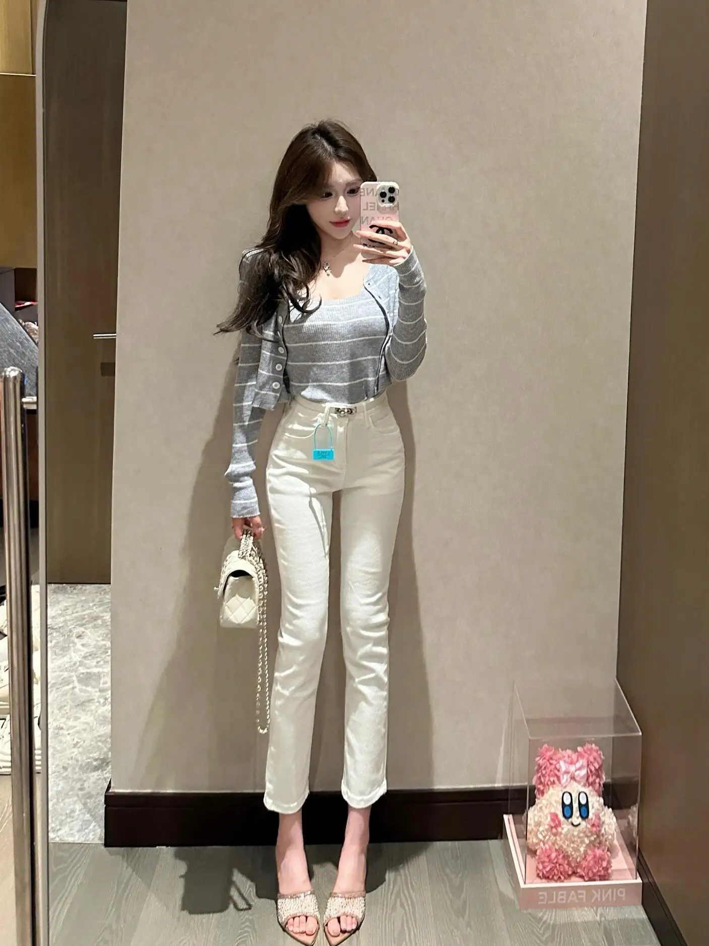 

Женские джинсы с высокой талией, эластичные, утягивающие, базовые, универсальные, укороченные, белые, в стиле Dongda Gate