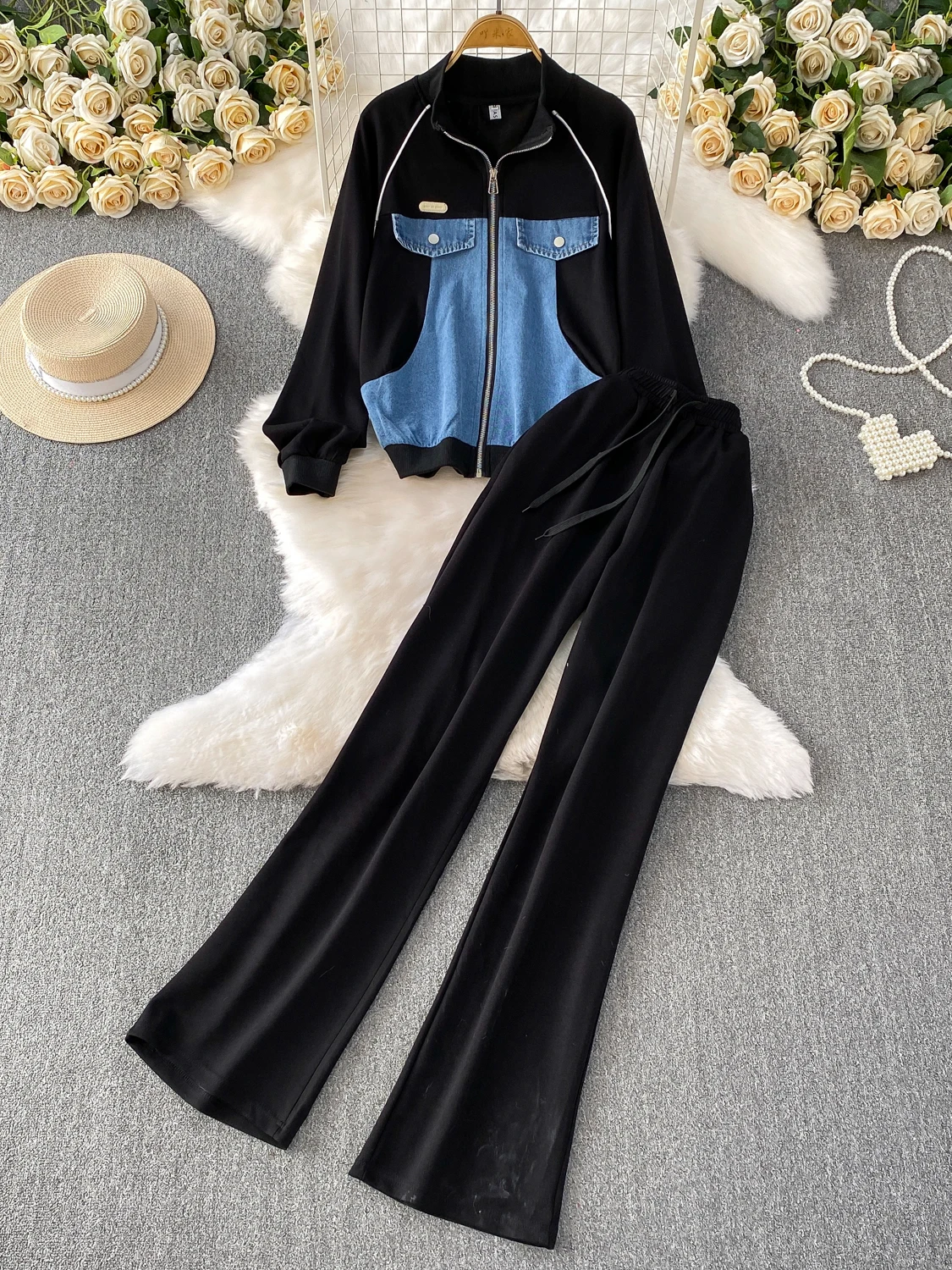 

Faionable женские джинсовые лоскутные длинные све с воротником-стойкой, повседневные утягивающие прямые брюки с высокой талией, комплект из двух предметов