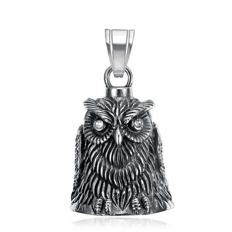 Fashion Owl Bell Pendant Stainless Steel White Rhinestone Eye Animal Biker Men Pendant Bell Christmas Gift