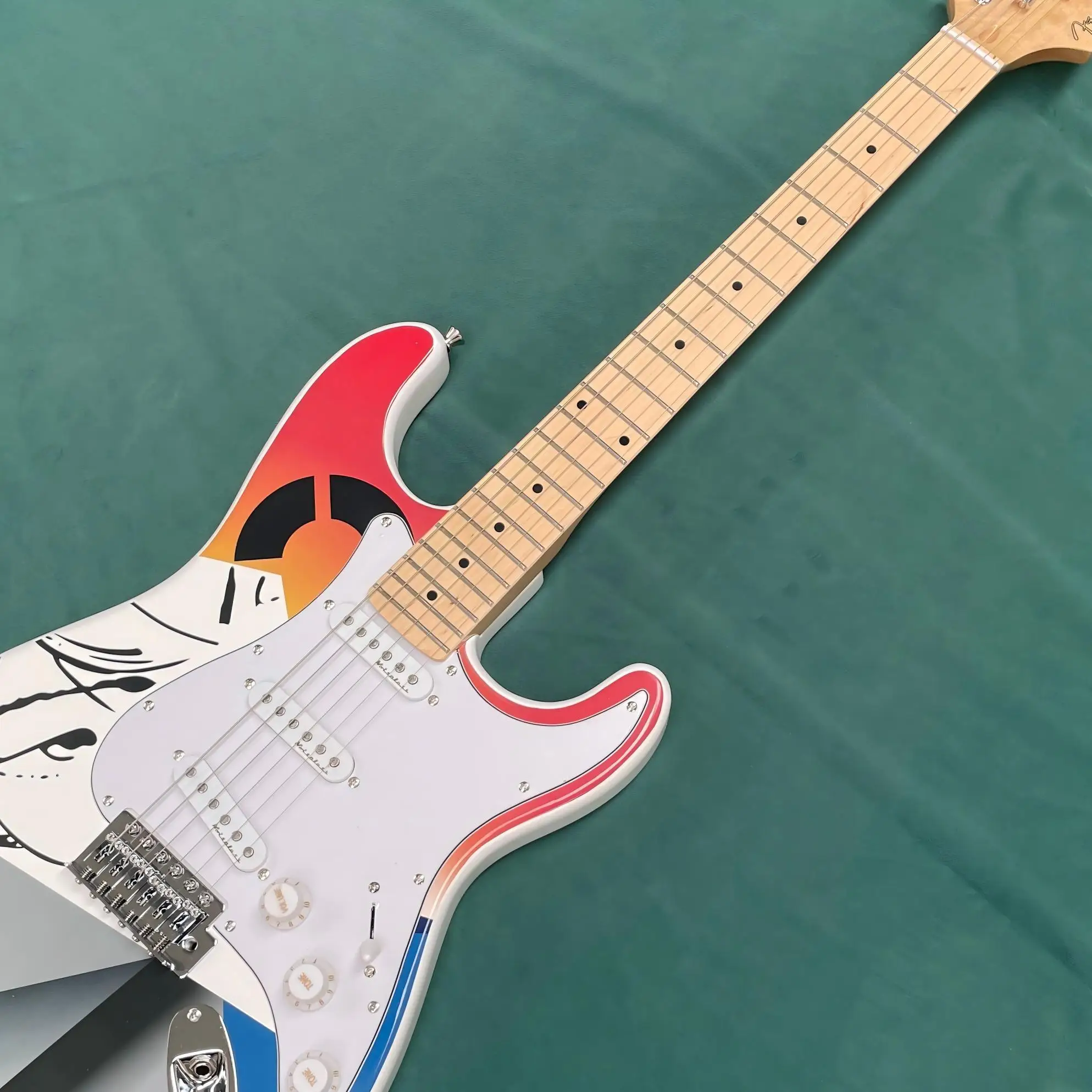 Abstract Graffiti Electric Guitar, Orange/Blue/White Geometric Art, SSS Pickups, Maple Neck/FB, Vintage Tremolo, Blues/Pop Rock