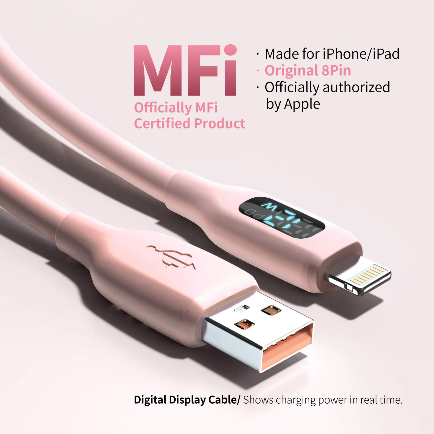 MFI-zertifiziertes USB-A-auf-Lightning-Lade- und Datenkabel in Macaron-Pink aus weichem Silikon mit LED-Digitalanzeige für iPhone 14-8 Serie