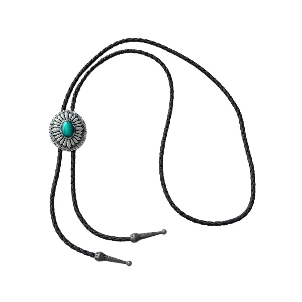 PU Woven Rope Indian Western Cowboys Bolo Tie Western Country Style Vintage Turquoise Bolo Tie Ethnic Style Sweater Chain